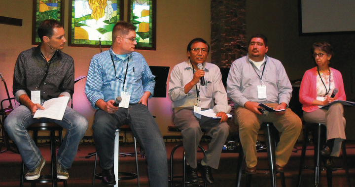 Evana board member Samuel Lopez (center, with mic) speaks during a question-and-answer session Oct. 17. From left are staff member Wes Furlong and board members Tyler Hartford, Lopez, Matt Hamsher and Virginia Leichty. — Rich Preheim for MWR