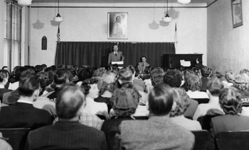 Jesse Ziegler of Bethany Biblical Seminary in Chicago speaks during Bible Week at Freeman Junior College in 1948. — Mennonite Library and Archives
