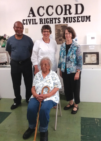 Janet Burkholder Friesen, center, and Myrna Burkholder meet with Lillian Roberson and her son Gary A. Roberson Sept. 6 at the ACCORD Civil Rights Museum in St. Augustine, Fla. — Myrna Burkholder