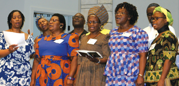 A choir performs a song in the Zulu language at the Brethren in Christ Diaspora Summer Conference July 13 at Whitestone Mennonite Church in Hesston, Kan. — Tim Huber/MWR