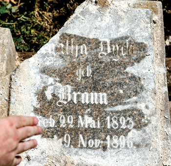 Agatha Dyck (maiden name Braun) died Nov. 9, 1896, and was buried in the cemetery of Chortitza Mennonite Church. Her gravestone is one of many recovered. — Max Shtatsky