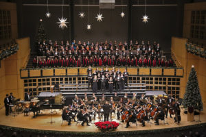 The Goshen College choirs and orchestra perform together during the 12th annual musical celebration of Christmas, "A Festival of Carols," Dec. 6, 2015. “A Festival of Carols” is patterned on a traditional English worship service, and features Christmas carols, spirituals and Scripture readings. Performers include the Goshen College Chamber Choir, Men’s Chorus, Women’s World Music Choir, Goshen College Symphony Orchestra and Shout For Joy Children’s Choir. Photo provided. 